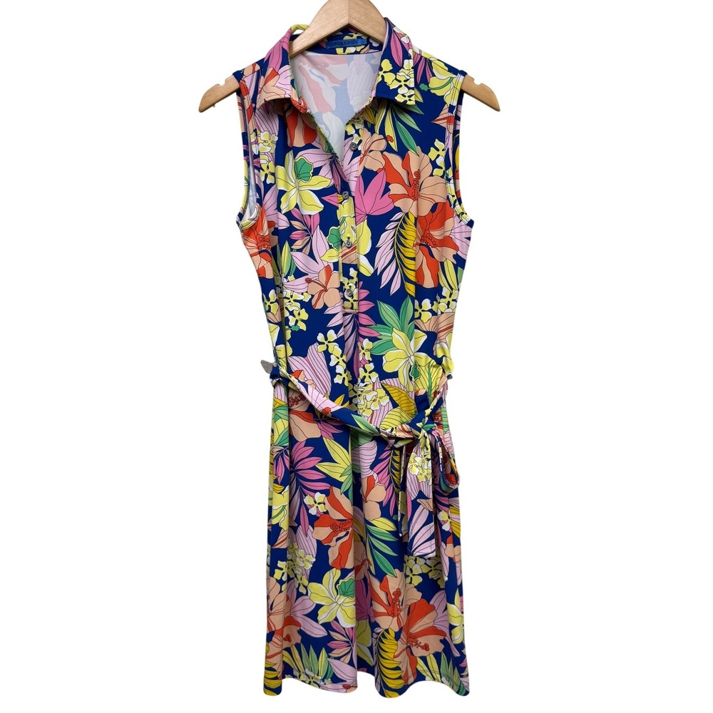 J.McLaughlin Dolly Dress Large‎ Floral Multi Sleeveless Belted Tropical Resort